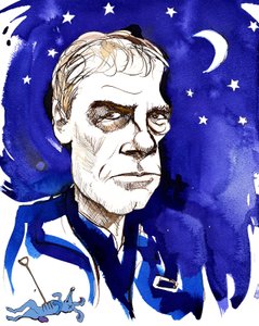 Mark Haddon, romancier anglais; caricaturé en référence à son roman de 2003 Le Bizarre Incident du chien pendant la nuit - Neale Osborne